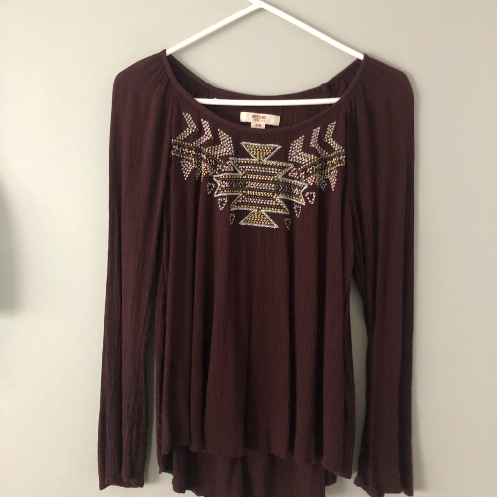 Long sleeve embroidered top, maroon